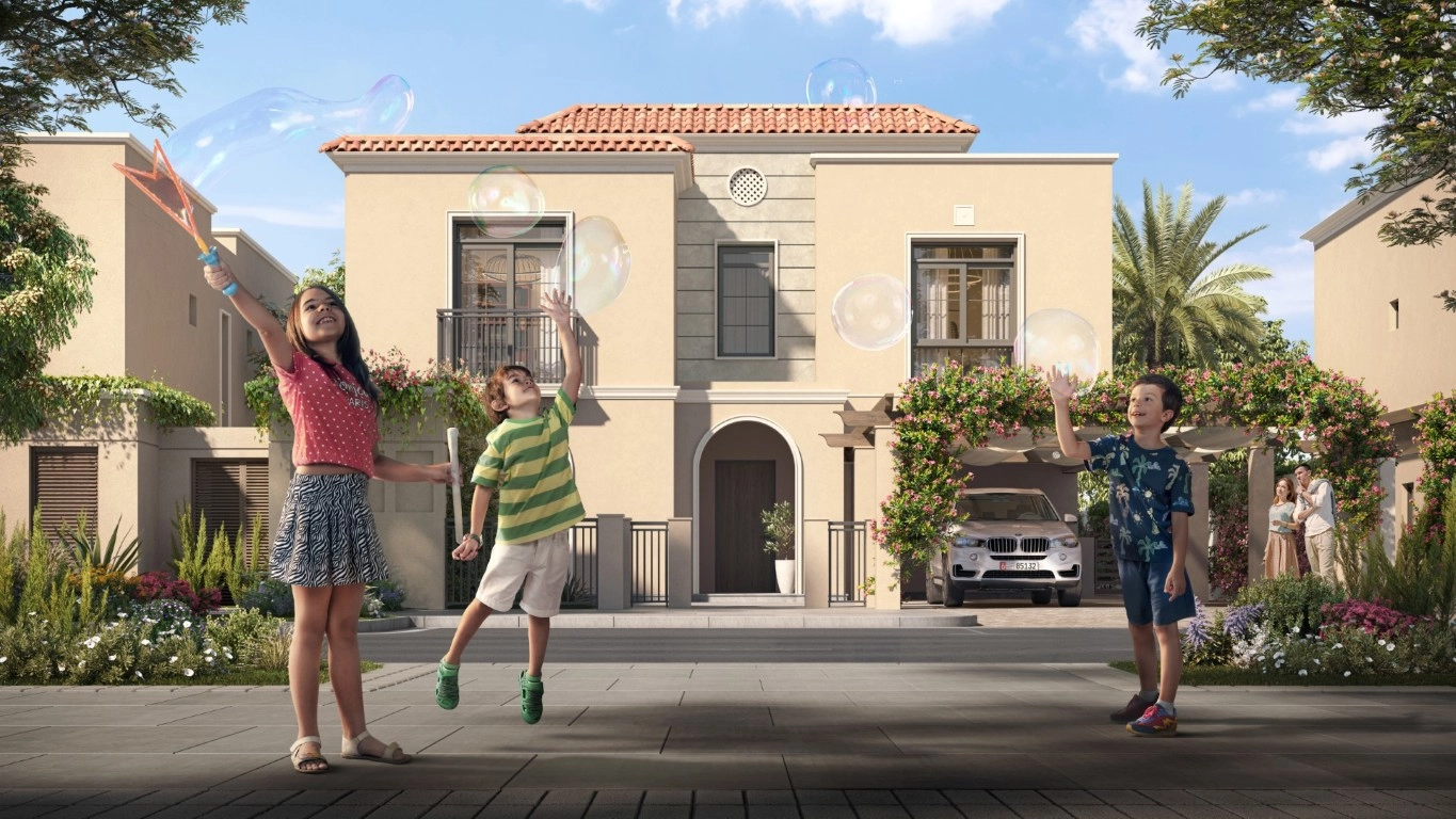Front view of luxury homes in Yas Park Views with architectural symmetry